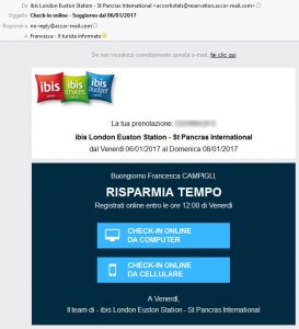 Email online check in Ibis hotel